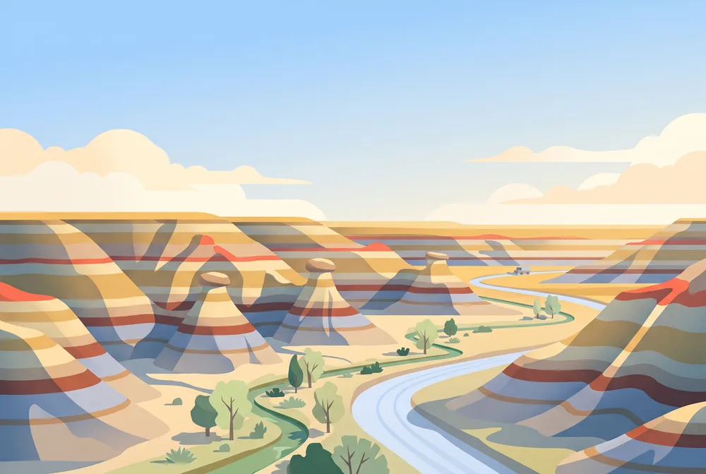 Striped badland hills and hoodoos along a creek