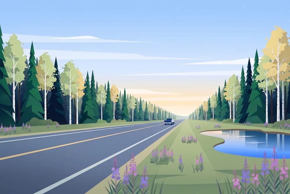 Straight highway through northern spruce and birch forest