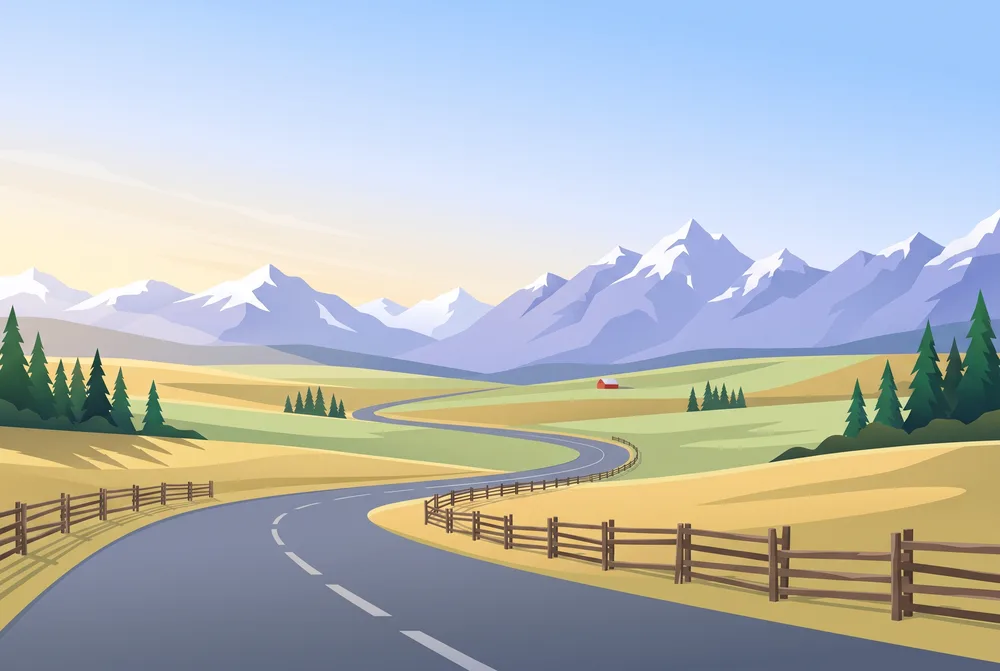 Highway through golden foothills toward the Rockies