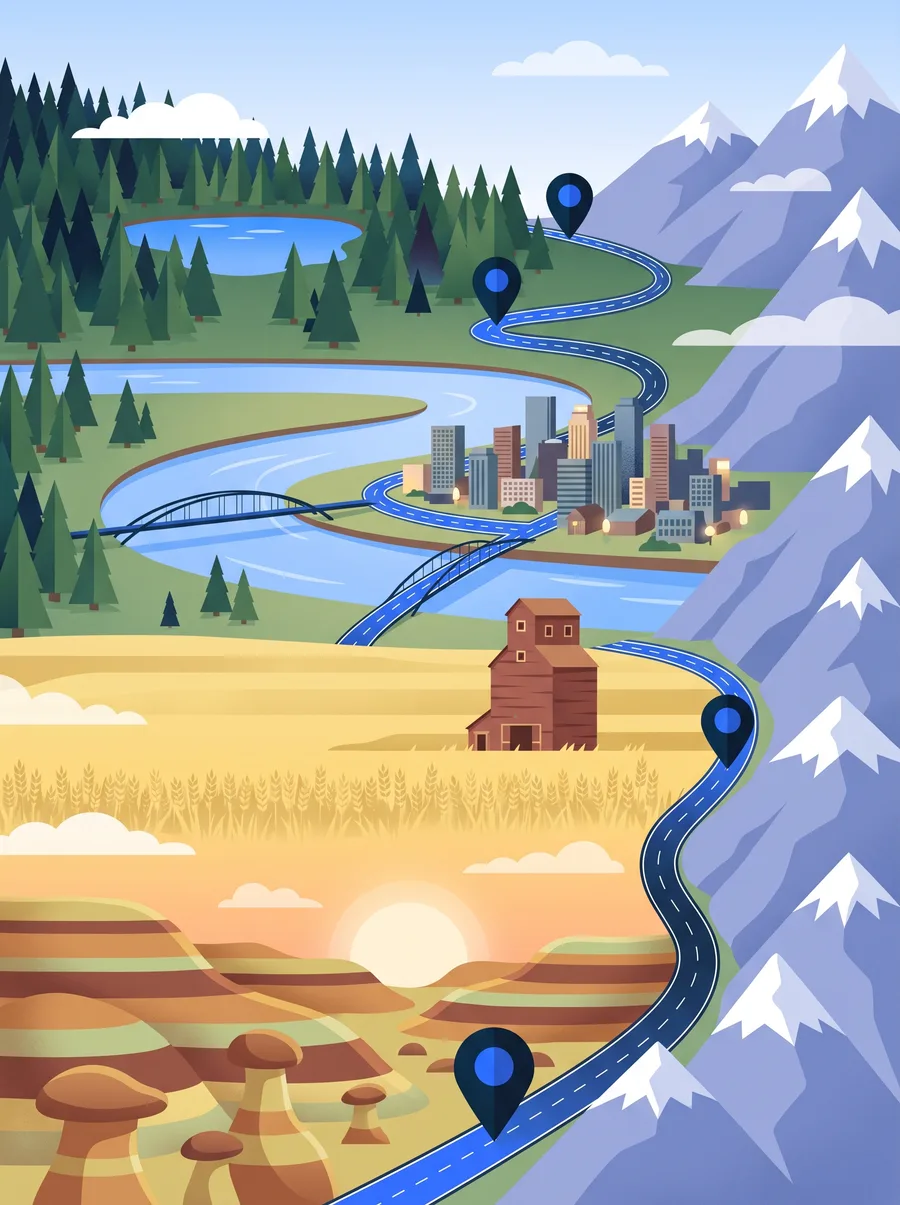 Alberta landscape from forest to badlands, with map pins