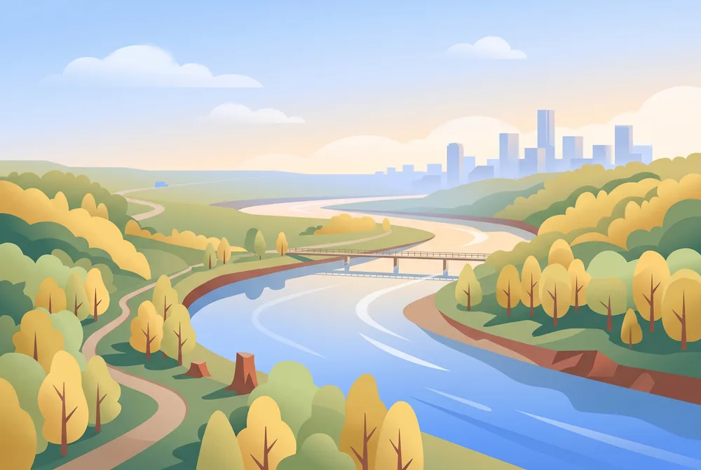 River winding through an autumn valley, city beyond