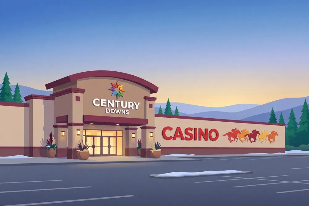 Century Downs entrance with red CASINO letters at dusk
